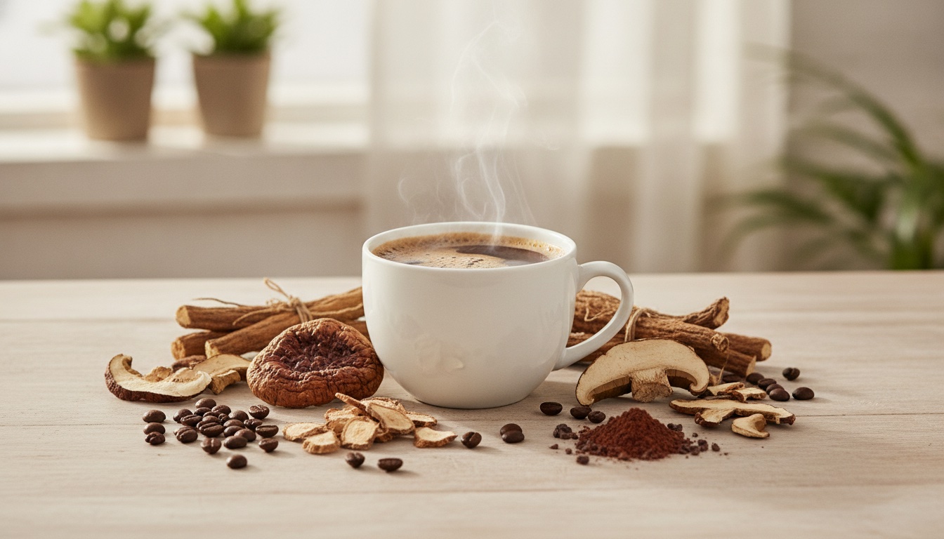 Tasse de café adaptogène et ingrédients (champignons, plantes), guide des bienfaits