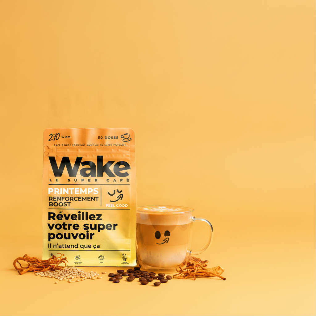 Rituel bien-être avec une tasse de café adaptogène Wake