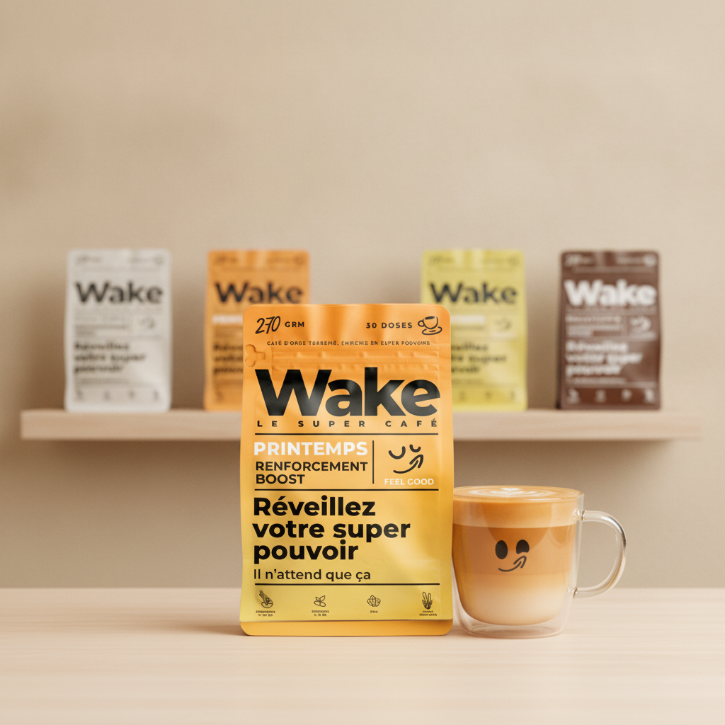 Tasse de café adaptogène Wake entourée d'ingrédients