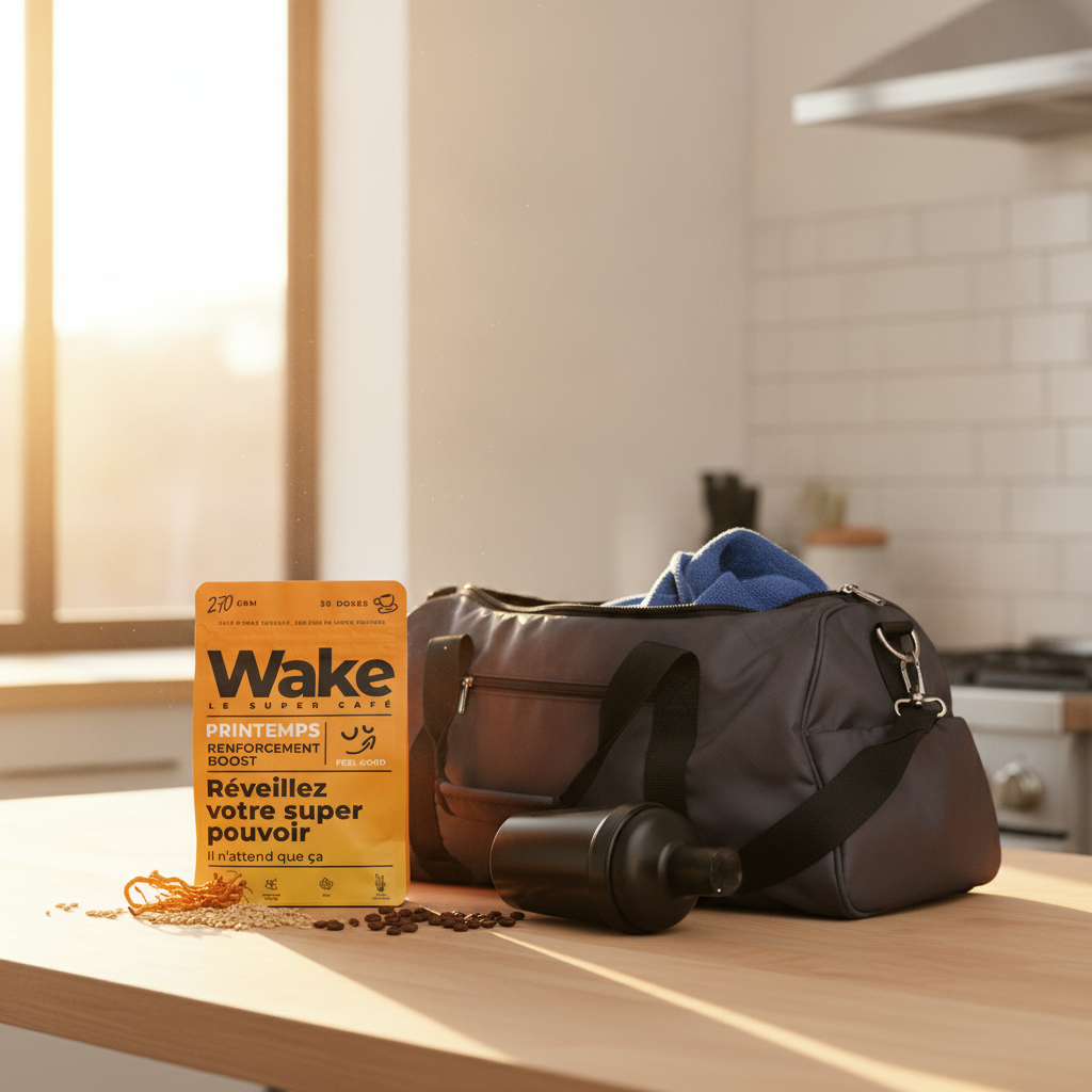Sportif préparant sa tasse de café adaptogène Wake