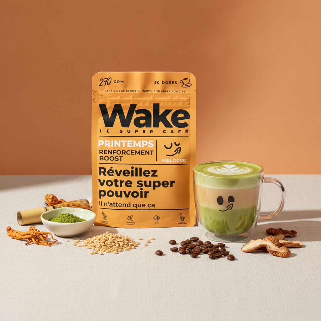 Ingrédients adaptogènes et tasse de Wake, tendances bien-être