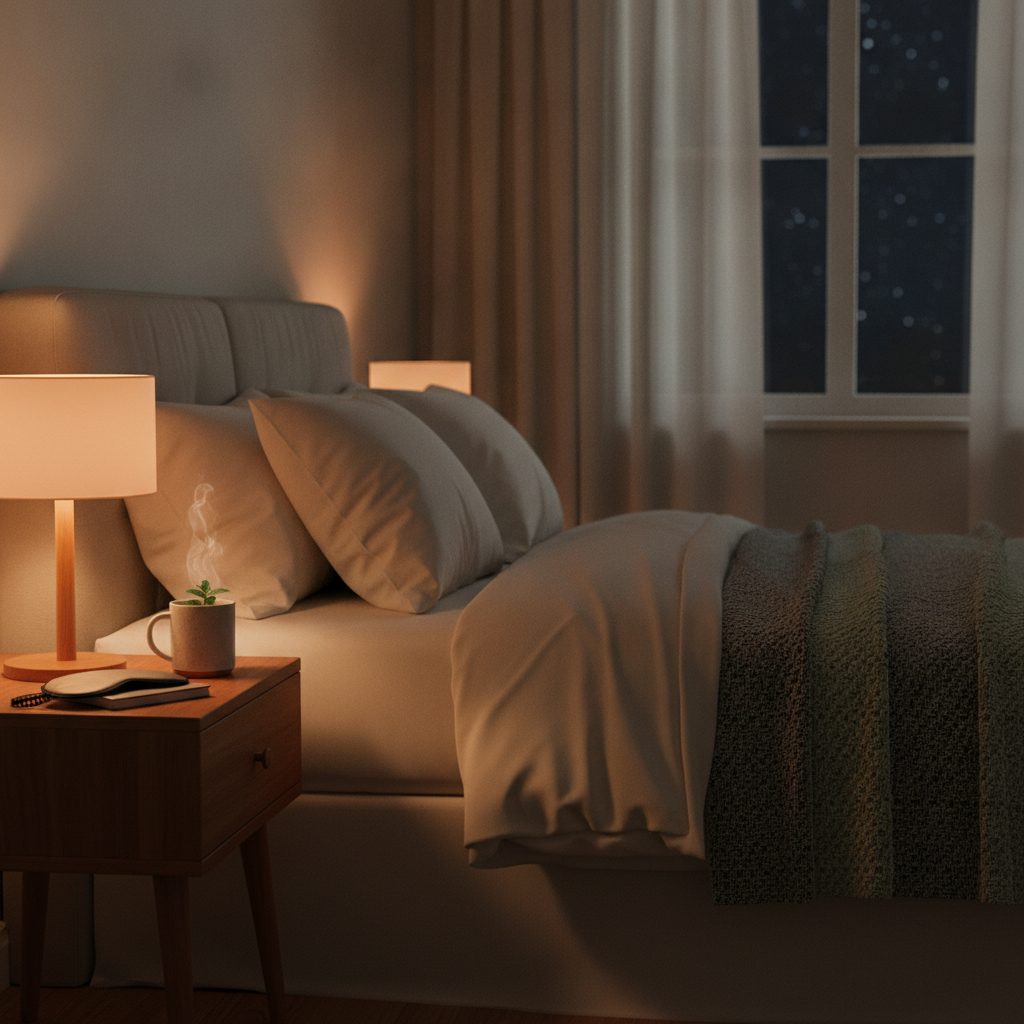 Compléments et tisane pour mieux dormir posés sur une table de nuit
